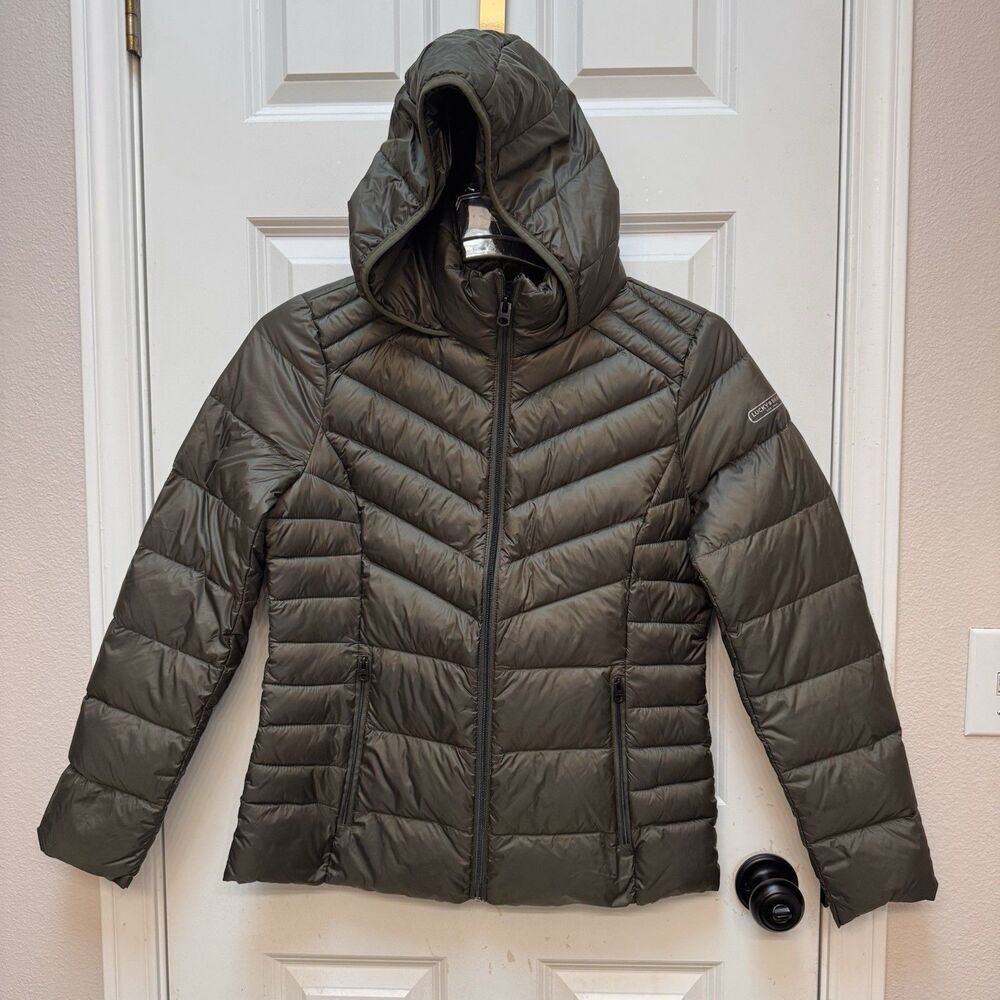 Lucky Brand Quilted Down Puffer Jacket Women's SZ M Green Packable Hooded w/ Bag